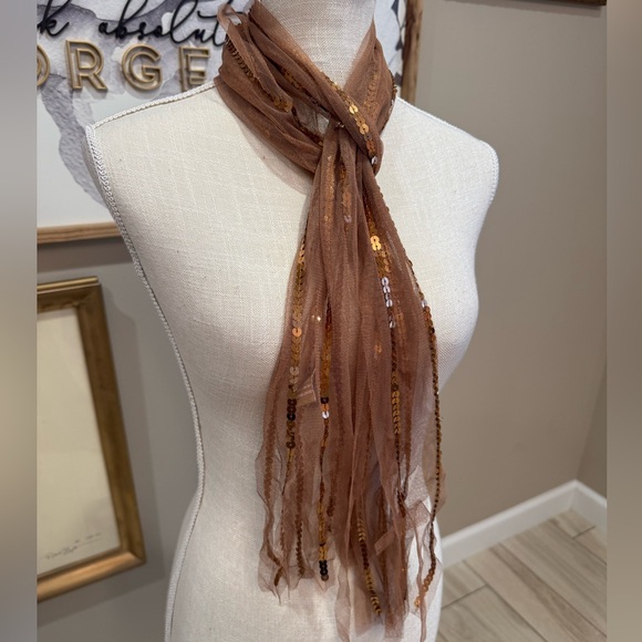 5 for $30 NWOT! Sheer Brown Scarf with Sequins - Picture 1 of 4